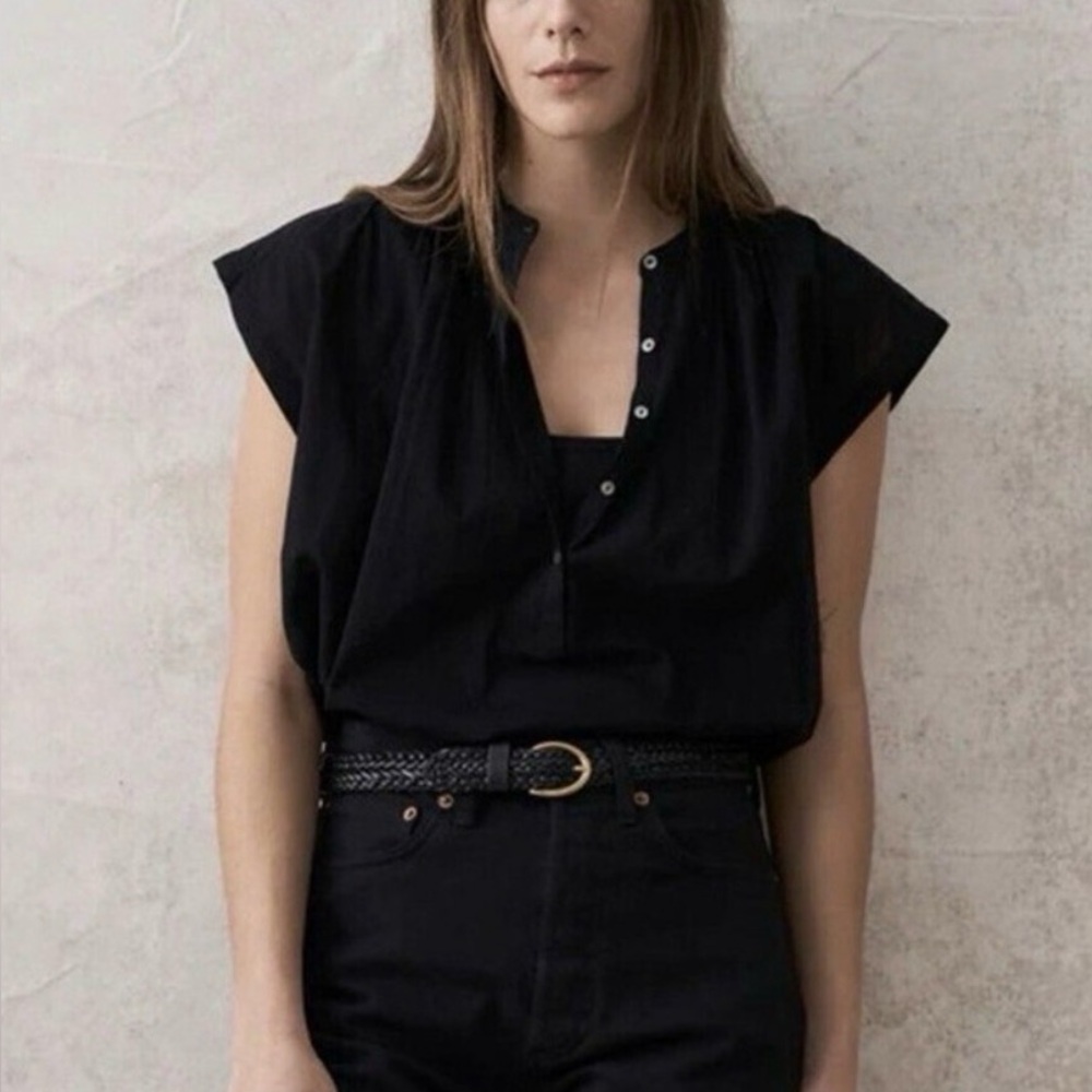 Buck Mason Black Cap-Sleeve Button Popover Top